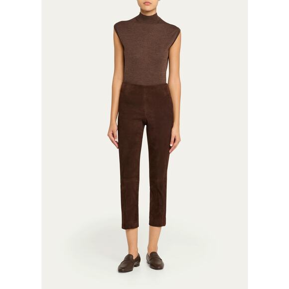 VINCE Stretch Suede Split Hem Crop Leggings Pants Chocolate Brown XS - Picture 3 of 7